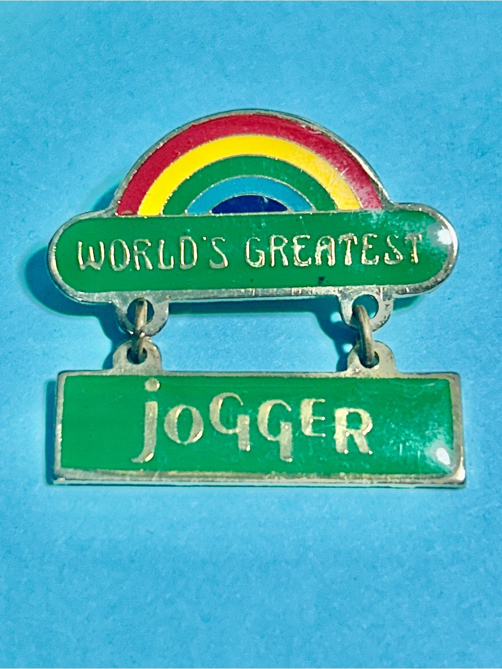 World's Greatest Jogger 1980 Centennial issue Green Rainbow Enamel Brooch